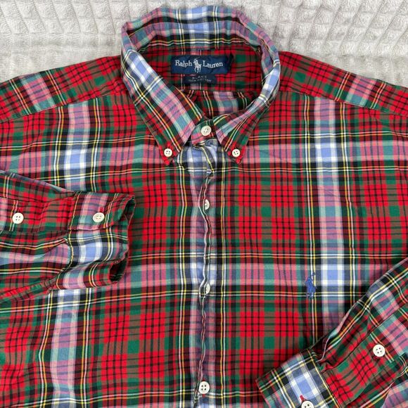 Polo Ralph Lauren Button Down Shirt Men's Large Red Plaid Brushed Oxford Blake - Picture 1 of 10